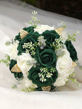 1 pieza Ramo de rosas verde oscuro elegante con hojas doradas y cinta de satén, ramo de novia rústico para boda, dama de honor, ceremonia de jardín, ramo de rosas de espuma de PE artificial, flor eterna PE1116D