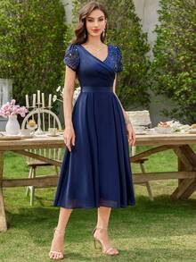 MIUSOL Contrast Sequin Lace V-Neck Petal Sleeve Pleated Hem Evening Party Long Dress, Summer Midi Dress, Wedding Guest Party Dress