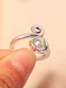 1pc Alloy Silver-Plated Adjustable Ring With Embedded Agate, Unisex Gemstone Ring - Green - View 6