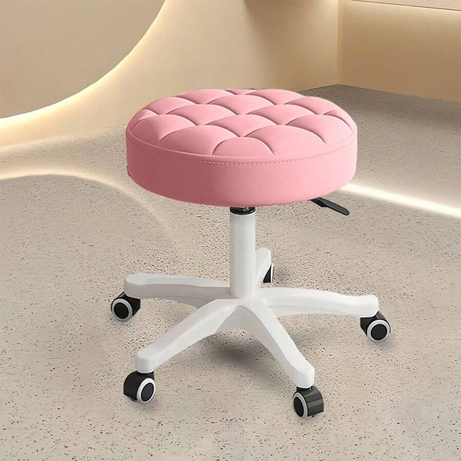 Wheeled Round Chair, Rolling Stool, Polyurethane Leather, Height Adjustable, Rotatable, Drawing Work Stool, Spa Salon Stool, Home Office Chair - Pink - View 1