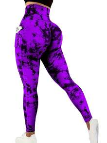 Women's Casual Sports High Waist Drawstring Tie Dye Leggings, Skinny Fit Workout Running Tights For Spring/Summer - Red Violet - View 4