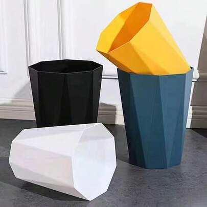 Uncovered Nordic Style Trash Can, Geometric Prism Shape, Matte Finish, Black Or White, Minimalist Design, Suitable For Office, Living Room Corner, Bedroom Bedside, Kitchen, Bathroom As A Distinctive Storage Tool, Made Of PP Material