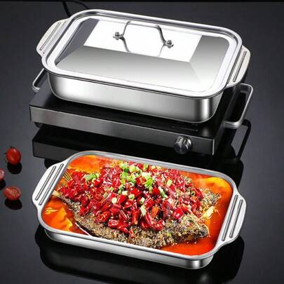 Stainless Steel Roasting Pan With Handles And Stainless Steel Lid - 36cm/4L Rectangular Roaster Bakeware Fish Grill Pan Deep Serving Platter Oven Tray Plate Flat For Lasagna Meat Chicken Graduation & Back To School Season