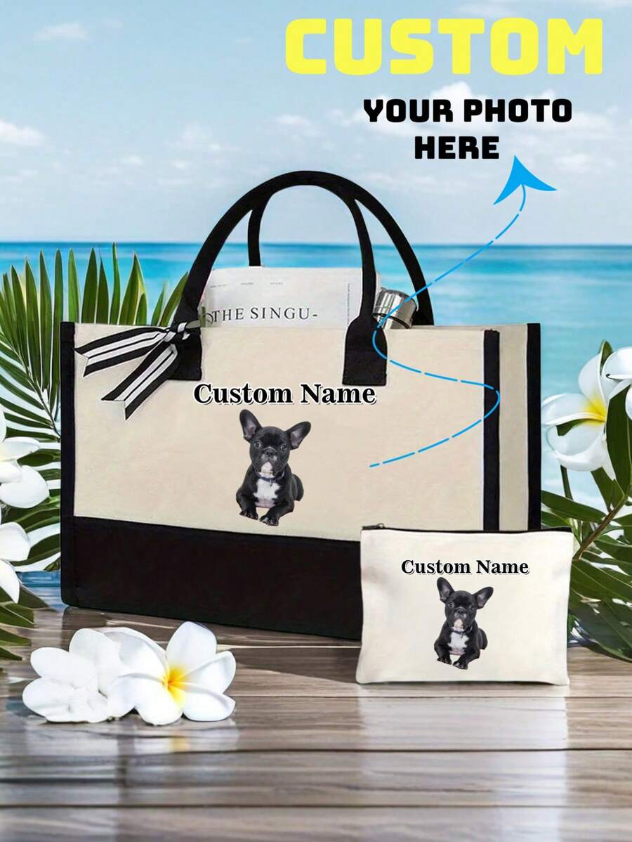 A Two Pieces Personalized Custom Dog Photo Tote Bag And Makeup Bag Set. A Cute Dog-Themed Gift. A Small Travel Makeup Bag Suitable For Pet Lovers. A Zipper Bag Suitable For Teenagers, Daughters And Sisters. An Interesting Pet Gift. A Decorative Makeup Storage Bag For Birthdays And Christmas. Makeup Storage Bag. , Valentine's Day