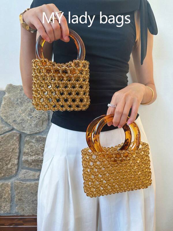 Bolso de mano de ámbar, elegante y versátil, bolso de punto con cuentas de café estilo retro INS, bolso de cristal personalizado DIY para el verano