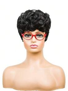 Black Short Pixie Cut Wigs For Black Women Short Wigs For Black Women Pixie Cut Curly Wig With Bangs Black Women Wigs - 黑色 - 查看 4
