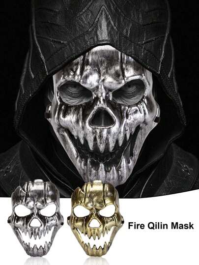 1/2pcs Halloween Fiery Qilin Mask, Scary Ghost Face Mask, Vintage Fanged Skull Mask, Halloween Mask
