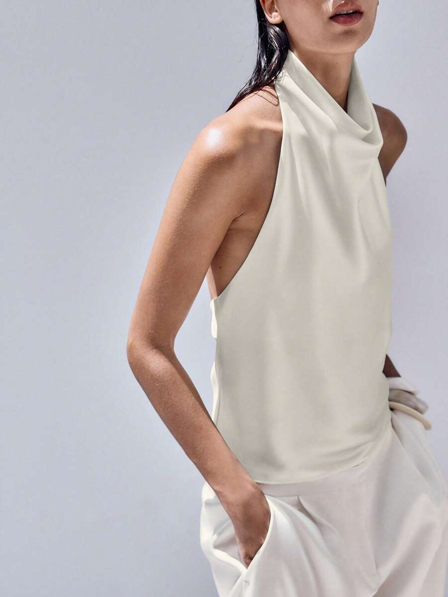 Women Satin Halter Tops Open Back Hidden Button Crop Tops Elegant Cowl Tank Tops Summer Sleeveless Loose Vests Solid Color Going Out Shirt Streetwear - 米色 - 查看 1