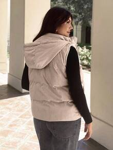 EMERY ROSE 纯色休闲拉链连帽背心加厚冬季外套 - 杏色 - 查看 4