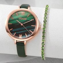 2pcs Fashionable, Simple And Versatile Women's Quartz Watch, Round Dial, Casual And Versatile, Paired With Diamond Studded Heart-Shaped Jewelry Bracelet Set, Suitable For Holidays And Daily Wear