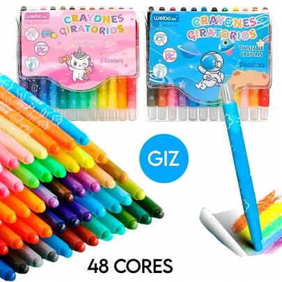 Giz de Cera Retrátil 48 / 36 / 24 / 12 Cores Vivas Resistente Escolar Giratório