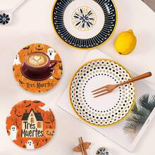 1 set/500 sets de 4 piezas/set de posavasos de Halloween con diseños de fantasma, sombrero de bruja, esqueleto, telaraña, zombi, murciélago, rama desnuda y lápida, hechos de poliéster y goma, adecuados para bares, oficinas, hogares y todo tipo de ocasiones, tamaño: 10 x 10 cm.