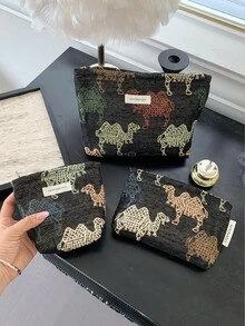 1个黑色背景彩色骆驼图案化妆包，时尚休闲大容量便携拉链化妆包，旅行度假必备化妆包，可收纳卫生巾、卫生棉、有线耳机、耳塞、头戴式耳机、充电器、口红、化妆品、香水、护肤品和美容产品，家居装饰，适合学生使用，可装钥匙，节日礼物袋，女士礼物，圣诞礼物，女士礼品创意，化妆包，旅行必备 - 黑色 - 查看 10