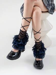 1 par de calentadores de piernas con lazo de encaje para mujeres, diseño de lazo de cinta de unicolor, versátil, para primavera/verano Y2K - Unitalla - Ver 20