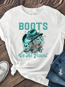 Spring Tops Women's Western Cowboy Boots And Hat "Boots Landing" Slogan Print Pattern T-Shirt - Casual Short Sleeve T-Shirt, Suitable For Summer And Autumn, Soft And Comfortable Fabric, Simple And Fashionable, Casual Versatile Loose And Comfortable Tops - Màu xanh lam - Xem 6