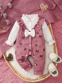 女宝宝花卉领蝴蝶结装饰全身印花撞色罗纹长袖连体衣