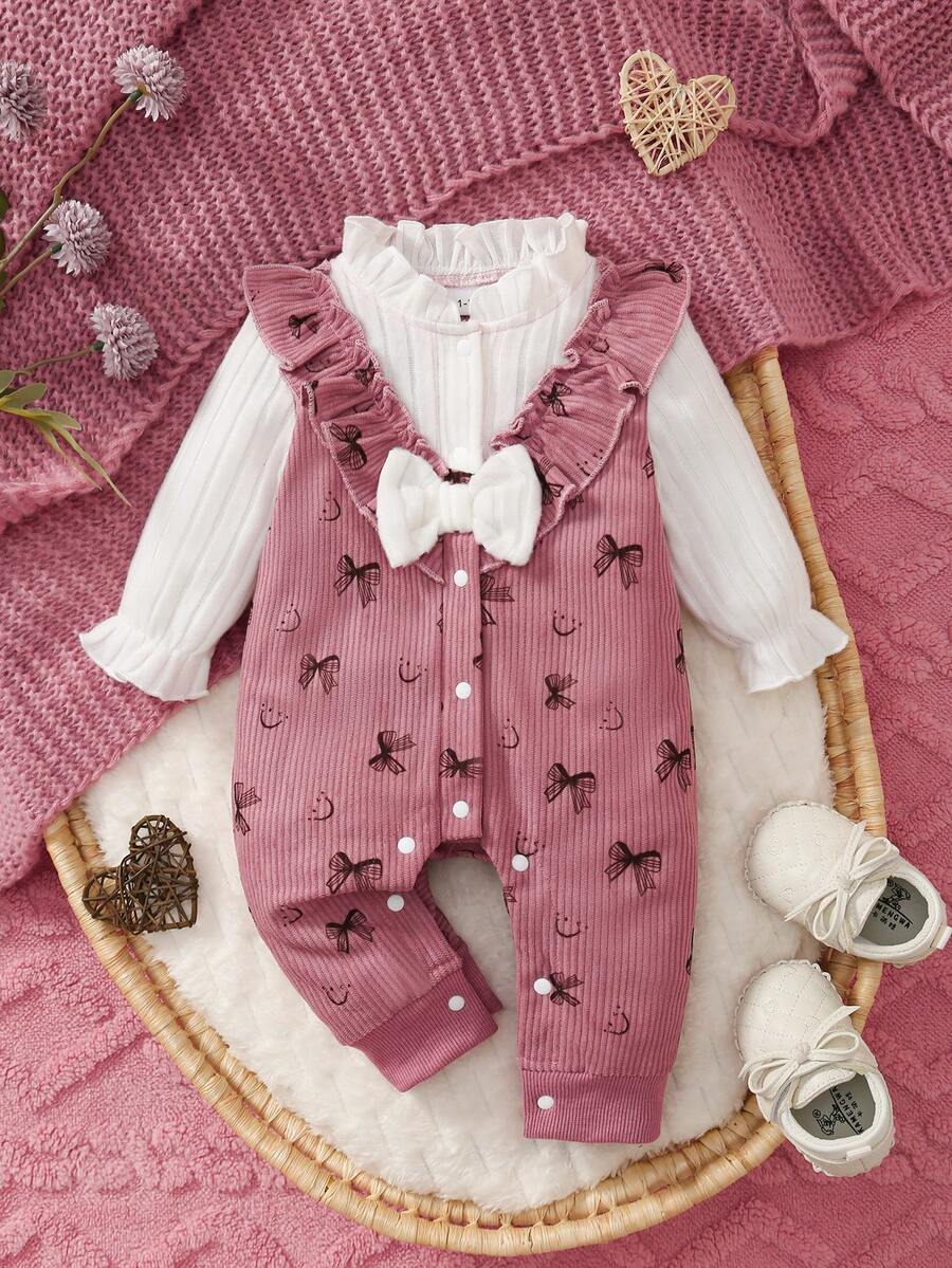 女宝宝花卉领蝴蝶结装饰全身印花撞色罗纹长袖连体衣