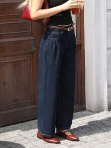 Vintage Washed Loose Wide Leg Pants, Elegant Mid-Waist Pockets Straight Trousers For Women, Suitable For All Seasons - Dark Wash - View 2