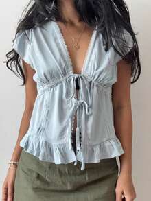 Women Short Sleeve Lace Trim Ruffle Hem Tops Tie Front Cap Sleeve Casual Shirts Cardigan Blouse - 藍色 - 查看 1