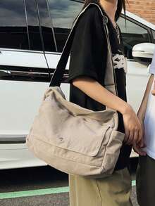 1pc Vintage Minimalist Flap Shoulder Bag, Thick Washed Canvas Casual Messenger Bag, Large Capacity American College Style Satchel Bag, Suitable For School, Travel, Streetwear - Grey - View 1