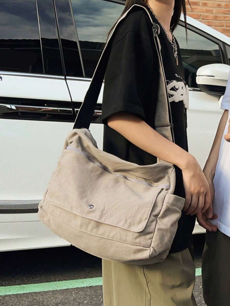 1pc Vintage Minimalist Flap Shoulder Bag, Thick Washed Canvas Casual Messenger Bag, Large Capacity American College Style Satchel Bag, Suitable For School, Travel, Streetwear - Grey - View 1