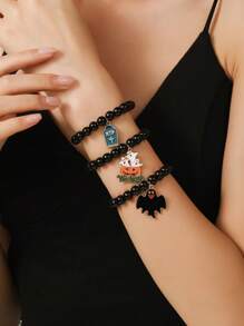 3 peças/Conjunto Pulseira Gótica de Halloween, Conjunto de Pulseira com Pingente de Vidro, Acrílico, Zircônia Cúbica em Formato de Abóbora, Fantasma, Lápide, Cruz, Gato Preto, Teia de Aranha, Milho de Doce, Adequado para Homens e Mulheres, Uso Diário, Festa de Halloween, Presente de Festival