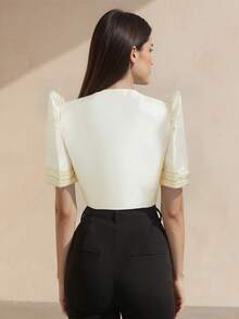 Amyenjoylife 现代菲律宾风情衬衫，蝴蝶袖菲律宾风情衬衫，女士时尚优雅拼接泡泡袖衬衫，香槟色上衣 - 香檳色 - 查看 2