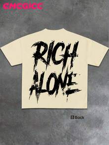 EMCGICC Y2k Men Rich Alone Street Outdoor Life Hip-Hop Style Round Neck Short Sleeved Casual T-Shirt, Comfortable And Breathable Summer Clothes - 杏色 - 查看 3