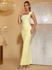 New Sexy Yellow Heavily Embellished Pearl & Rhinestone Off-Shoulder Bandage Maxi Dress, Elegant Women's Birthday Party, Wedding Guest, Formal Dinner, Christmas Party Gown - Yellow - View 2