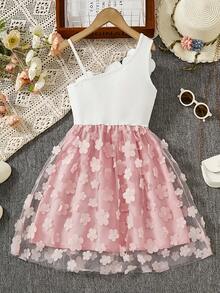 Vestido casual sin mangas de moda para niñas con superposición de malla bordada, decoración de flores de perlas, vestido de fiesta, ropa de vacaciones, estilo escolar para la temporada de regreso a clases - Rosa - Ver 2