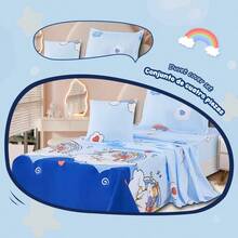 Sabanas Infantiles Individual 100x200cm | Estampado Colorido Infantil | 4 Piezas: Sabana Ajustable, Plana, Funda de Almohada + Cojín Decorativo | Suave y Caliente para Niños | Ideal para Cuna o Camita Infantil - 03 azul - Ver 3