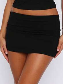 Fold Over Mini Skirts For Women Y2k Low Rise Bodycon Sweat Short Skirt Cute Going Out Micro Mini Skirt Streetwear Women's Casual Elastic Waist Solid Bodycon Mini Skirt Streetwear - màu đen - Xem 2