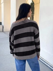 EMERY ROSE Women's Loose Fit Drop Shoulder Long Sleeve Striped Casual Sweater, Fall & Winter,Ladies Late Fall Casual Long Sleeve Loose Multicolor Drop Shoulder Pullovers Women Sweaters,Long Sleeve Tops - Multicolor - View 7