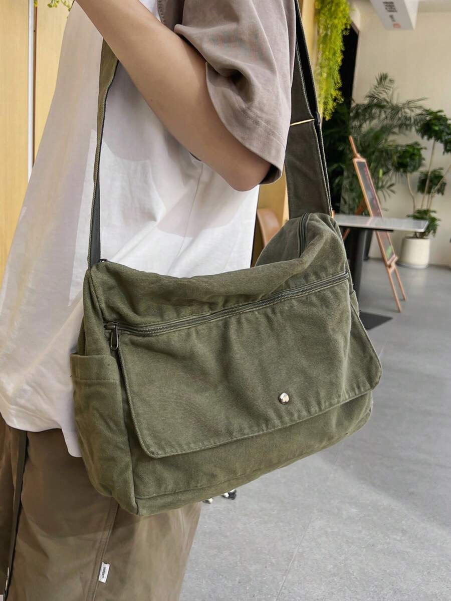 1pc Vintage Minimalist Flap Shoulder Bag, Thick Washed Canvas Casual Messenger Bag, Large Capacity, American College Style, Suitable For School, Short Trip, Simple Street Bag - Dark Green - View 1