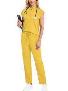 2pcs Set: Solid Color Notched Neck Short Sleeve Top And Long Pants Pajama Set Spring - Mustard Yellow - View 7