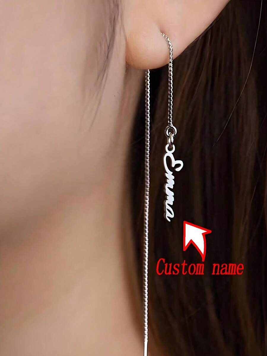 1 Pair Women's Elegant Custom Simple Name Earrings Women's Stainless Steel Jewelry Simple Box Chain Tassel Earrings, Personalization Name Dangle Drop Earring Christmas Gifts Weddings, Anniversary Jewelry, High-End Gifts For Lovers And Mothers Mother's Day Gift - Silver - View 1