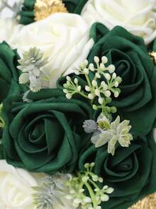1pc Elegant Dark Green Rose Bouquet With Golden Leaves Satin Ribbon, Rustic Bridal Bouquet For Wedding, Bridesmaid, Garden Ceremony, Artificial PE Foam Rose Bouquet, Everlasting Flower PE1116D - 直徑17cm 高23cm - 查看 3