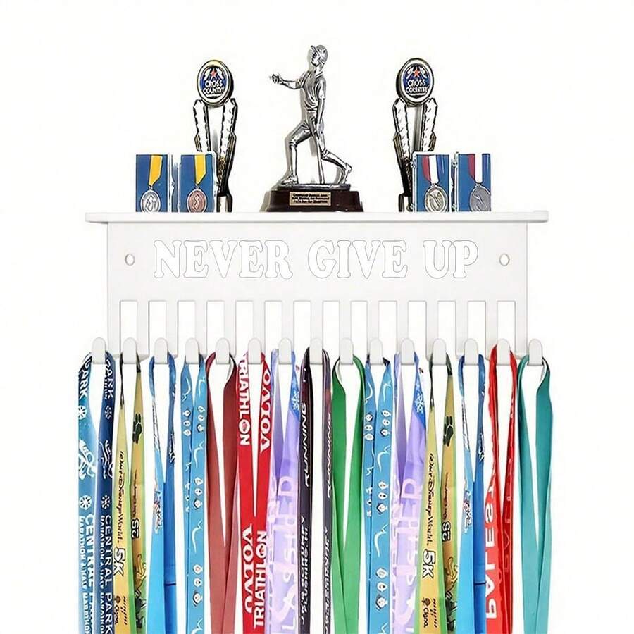 15-Hook Medal Display Rack, Medal Holder Rack, Never Give Up, Wall-Mounted Steel Rack For Over 90 Medals, Medal Display Stand For Running Competitions, Football - White - View 1