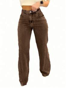 Jeans rectos básicos casuales sueltos con bolsillo insertado para mujeres de comercio transfronterizo - Marrón - Ver 3