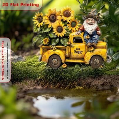 1pc 2D Printed Bee Gnome Old Truck Flower Pot Sign, Acrylic Flower Pot Landscape Marker (30x20cm), Garden Sunlight Catcher, Suitable For Flower Pot Decor, Balcony Decor, Home Decor, Great Gift For Friends