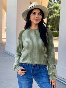 EMERY ROSE 对比色蕾丝插肩袖运动衫 - 綠色 - 查看 2