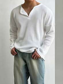 Henry Collar Waffle Knit Long Sleeve Lightweight Breathable Sun Protection T-Shirt For Men, Casual American Style Undershirt, Versatile Choice For All Seasons , Fall