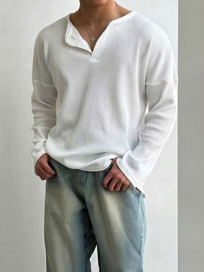 ヘンリー襟ワッフルニット長袖軽量通気性UVカットTシャツ メンズ、カジュアルアメリカンスタイルのアンダーシャツ、オールシーズン活躍、秋向け