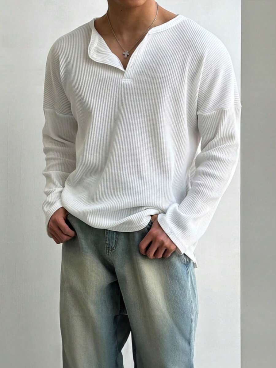 Henry Collar Waffle Knit Long Sleeve Lightweight Breathable Sun Protection T-Shirt For Men, Casual American Style Undershirt, Versatile Choice For All Seasons , Fall