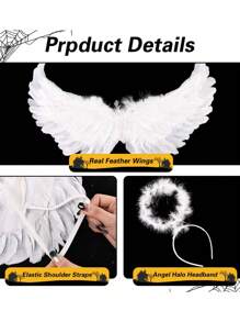 3Pcs Angel Wings Costume Accessories-Feather Wings With Halo Headband Set For Adults,Lightweight Adjustable Fairy Wings