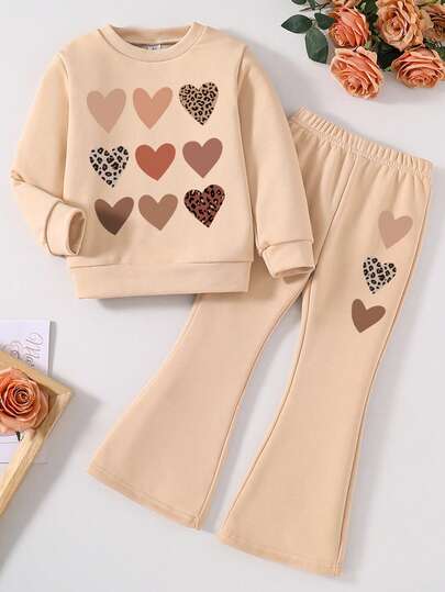 Young Girl Heart Print Crew Neck Sweatshirt And Flare Pants Set