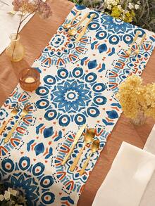 1pc Vintage Geometric Pattern Printed Linen Table Runner, Suitable For Holidays, Parties, Birthdays, Dinners, Kitchen & Dining Room Decor, Dresser & Cabinet Cover, All Season Home Decor - Multicolor - View 10