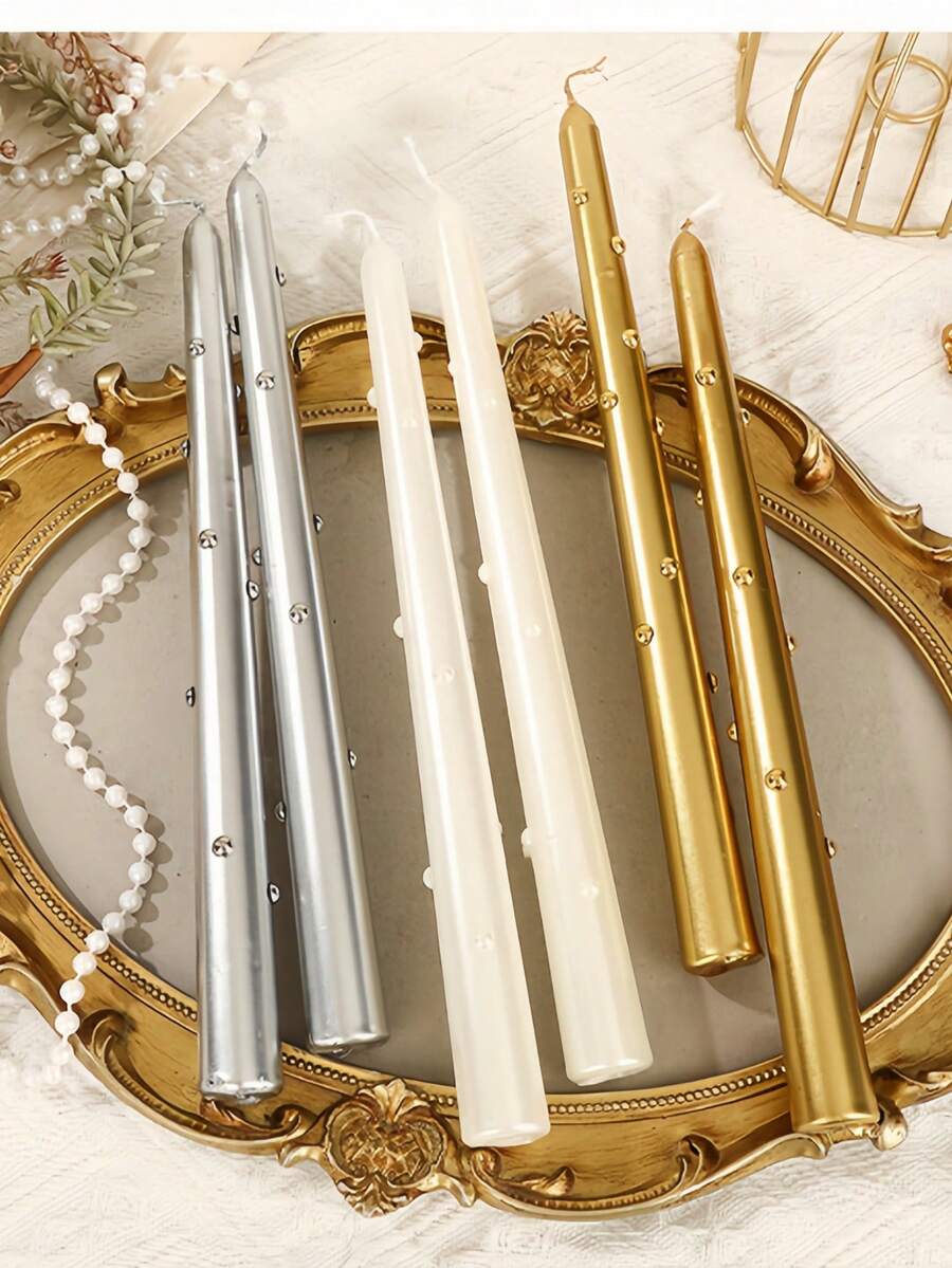 2支10英寸欧式电镀彩色珍珠长杆蜡烛，无烟婚礼蜡烛，烛台蜡烛，适合烛光晚餐，高端氛围摄影道具，精美礼品