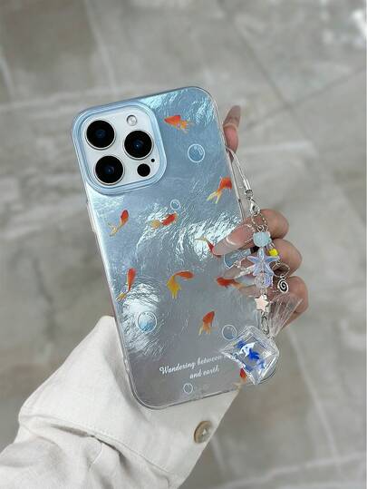Fish Painting Minimalist Feather Chiffon Silver Detachable Wrist Strap Shockproof Phone Case Compatible With IPhone 16/15 XR/7/8/16 Pro Max/13 Case/IPhone 15 Pro Max/12 Pro Max/13 Pro Max/14 Pro Max 13 14 11 12 P14 Women P11 Soft Shell P12 Shockproof XS.XR /78P.78GES2 Phone Case