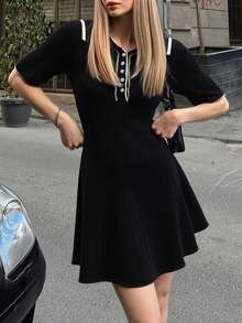 Knit Mix Vestido de punto de manga corta con bloque de color, estilo francés elegante y chic para Navidad y Año Nuevo, vestido de suéter sencillo para mujeres